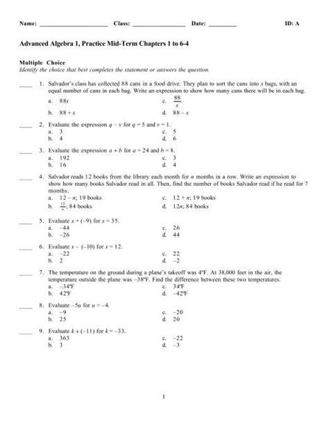 algebra 1 mixed review worksheet